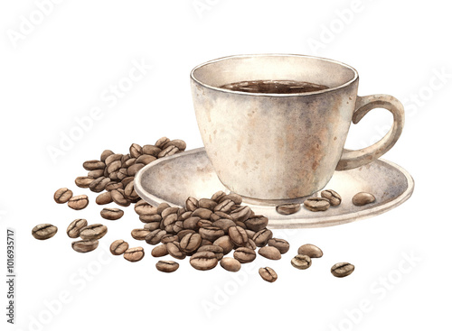 A mug of aromatic coffee with a plate and roasted coffee beans. Watercolor isolated hand-drawn illustration. The drawing is suitable for decorating coffee shops, restaurants, menus, postcards