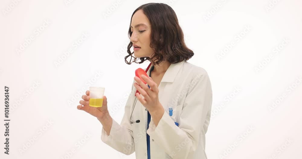 Female doctor holds urine sample in container smelling with disgusted expression. Lab assistant reaction to unpleasant odor at hospital test Female doctor holds urine sample in container smelling with disgusted expression. Lab assistant reaction to unpleasant odor at hospital test