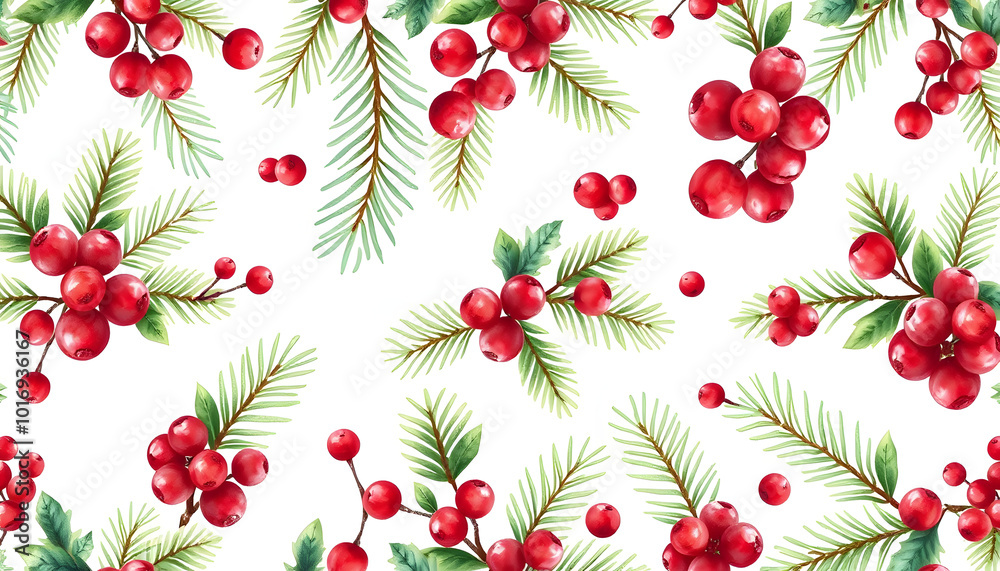 Seamless watercolor Christmas pattern with berries and spruce isolated with white highlights, png Seamless watercolor Christmas pattern with berries and spruce isolated with white highlights, png