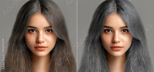 In a neutral studio setting, two hair types are compared for shine, health, and texture