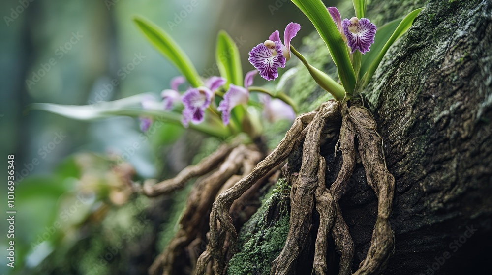Lush Orchids on Tree Bark in Natural Habitat Lush Orchids on Tree Bark in Natural Habitat