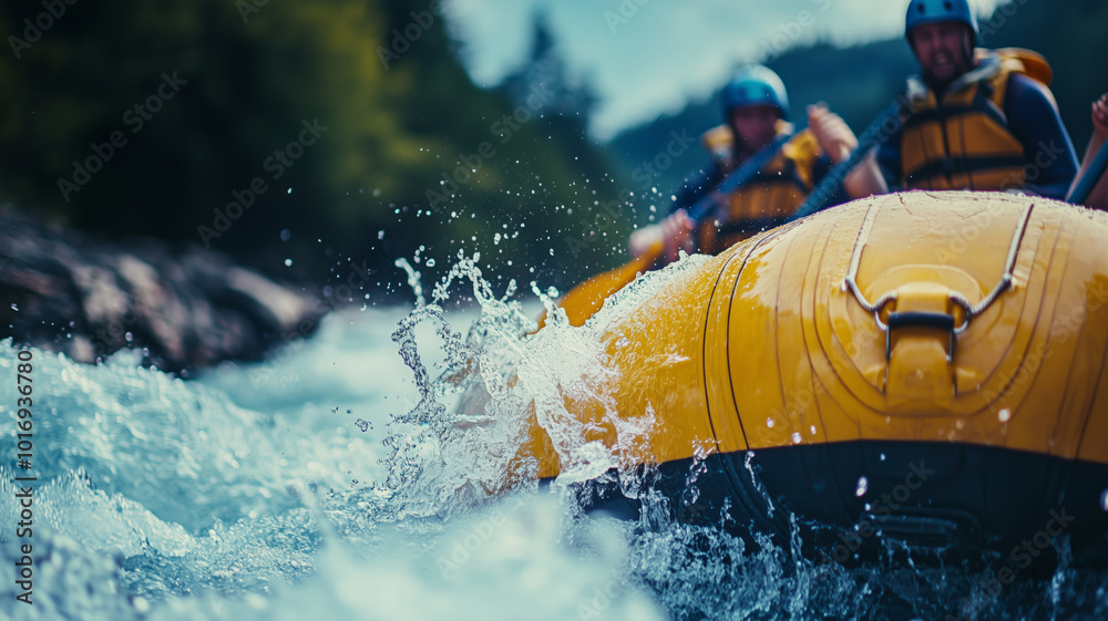 Fototapeta premium Thrilling adventure team navigating white water rapids on a bright summer day in a vibrant river landscape