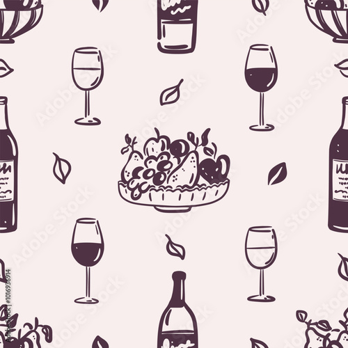 Seamless pattern of hand drawn wine bottle, glasses, fruit bowl and leaves on beige background. Wine tasting. Cozy fall season. Vector design for textile, wallpaper, wrapping paper