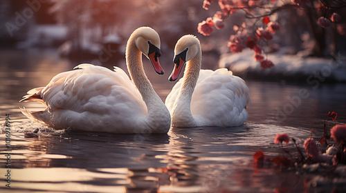 Fototapeta Naklejka Na Ścianę i Meble -  Two white swans in love swimming in magically beautiful lake
