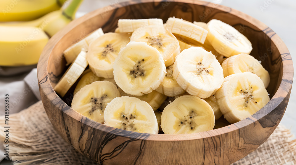 Wooden Bowl Filled with Sliced Bananas | Fresh and Healthy Snack in a Rustic Natural Setting Wooden Bowl Filled with Sliced Bananas | Fresh and Healthy Snack in a Rustic Natural Setting