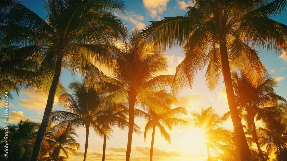 Fototapeta premium Tropical Sunset with Palm Trees Silhouetted