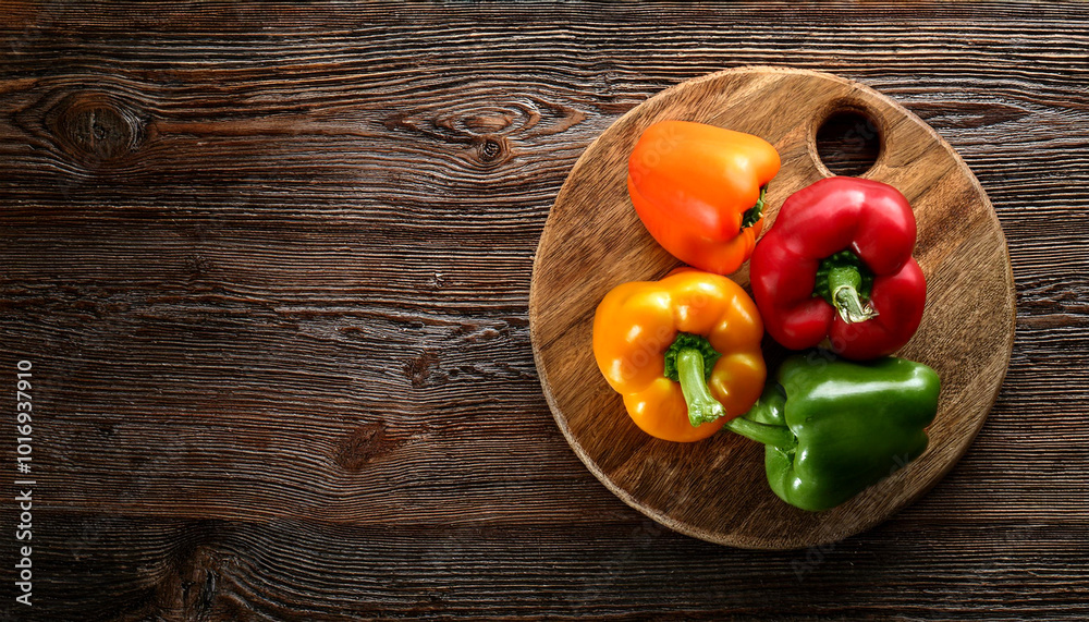 Sweet pepper on a wooden cutting board, isolated against a wooden background Sweet pepper on a wooden cutting board, isolated against a wooden background
