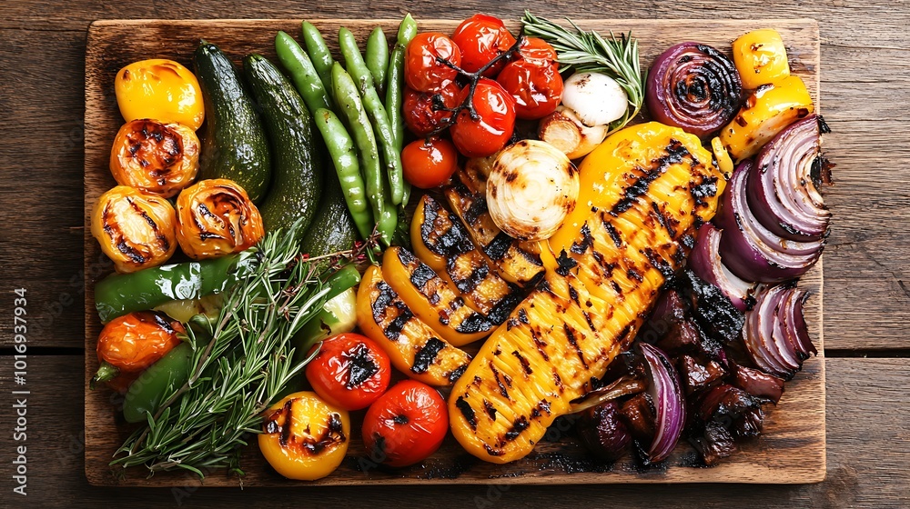 A platter of grilled vegetables with herbs and spices A platter of grilled vegetables with herbs and spices