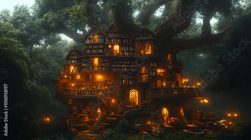 A whimsical fantasy treehouse constructed entirely of bookshelves, inhabited by playful foxes and surrounded by enchanting woodland scenery. This imaginative and magical scene captures a unique blend 