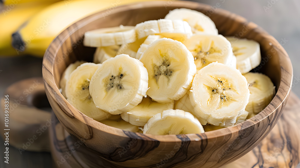 Wooden Bowl Filled with Sliced Bananas | Fresh and Healthy Snack in a Rustic Natural Setting Wooden Bowl Filled with Sliced Bananas | Fresh and Healthy Snack in a Rustic Natural Setting
