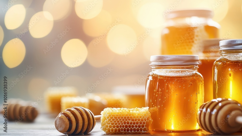 Golden honey jars and honeycombs beautifully arranged, with a soft bokeh background creating a warm, inviting atmosphere. Golden honey jars and honeycombs beautifully arranged, with a soft bokeh background creating a warm, inviting atmosphere.