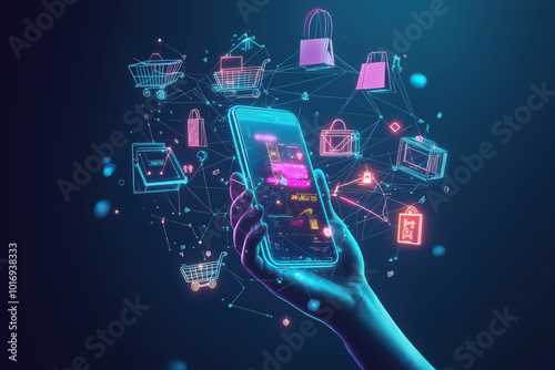 A hand holding a cell phone with a shopping app on it