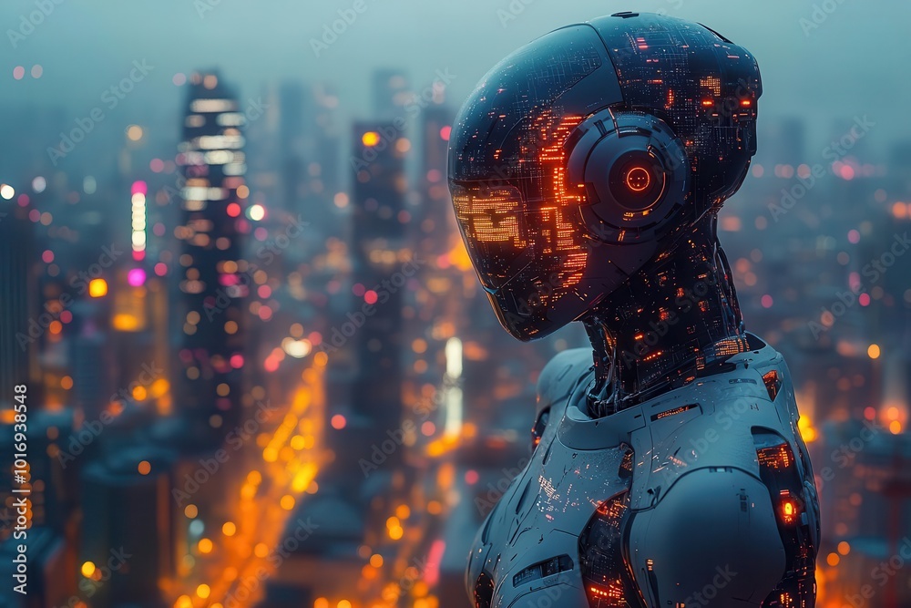 futuristic woman in a sleek robot exoskeleton surrounded by hightech ai interfaces glowing softly in a neonlit cityscape at dusk capturing synergy between humanity and technology