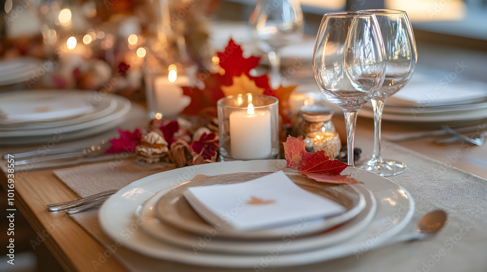 Fall table setting with candles and maple leaves in warm tones Fall table setting with candles and maple leaves in warm tones