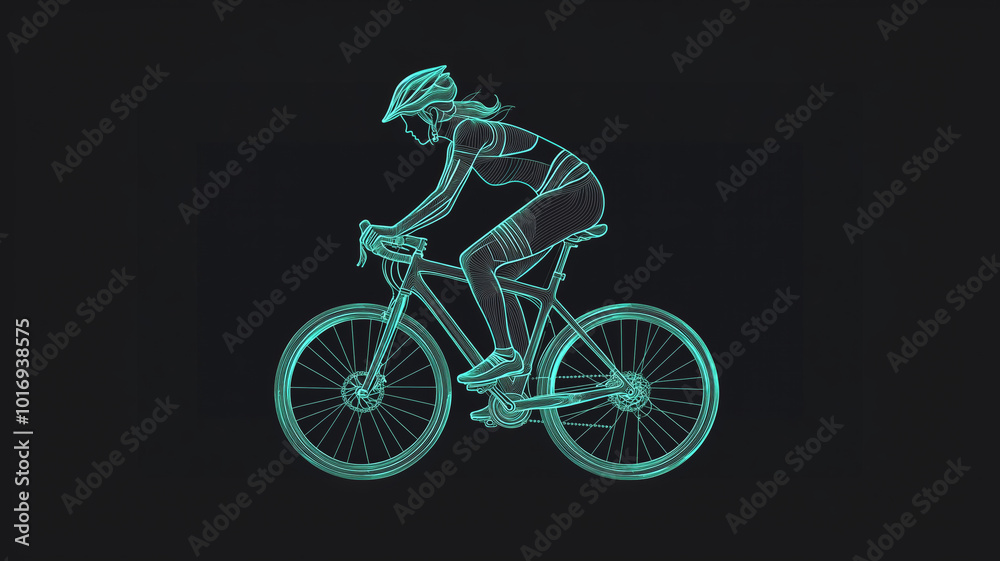 Obraz premium A vibrant representation of biking fitness showcasing a cyclist pedaling through a vibrant green landscape in a simple yet artistic style
