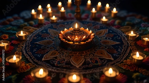 Aerial Top View of Diwali Festival of Lights Event with Glowing Candle Mandalas