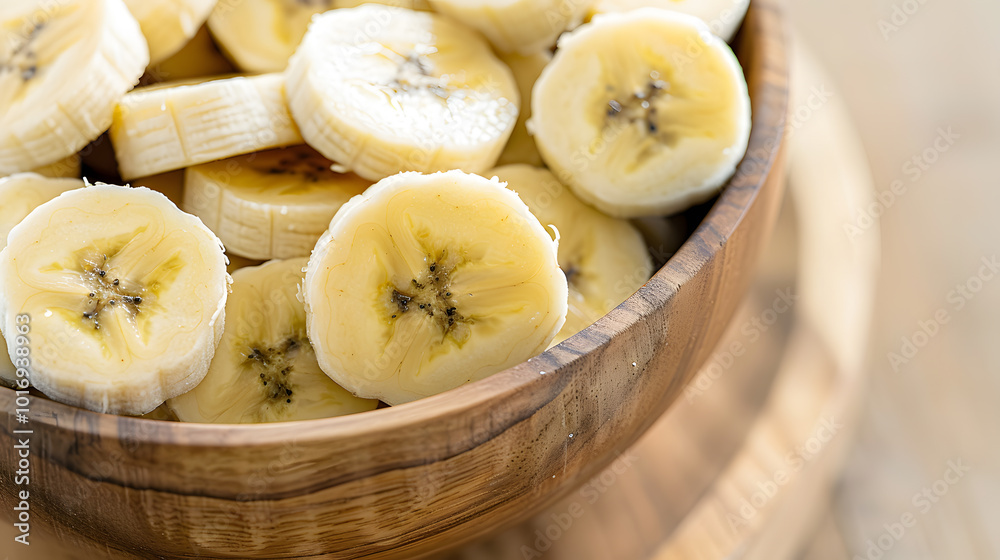 Wooden Bowl Filled with Sliced Bananas | Fresh and Healthy Snack in a Rustic Natural Setting Wooden Bowl Filled with Sliced Bananas | Fresh and Healthy Snack in a Rustic Natural Setting