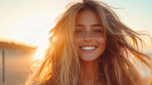 Beaming woman with wavy hair smiles in a radiant, sun-kissed beach setting, as the golden hour light beautifully illuminates her carefree, joyful expression.