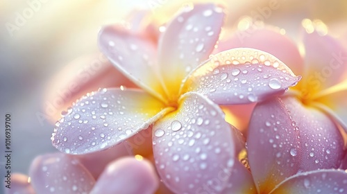 Soft Pink Flowers with Dew Drops in Sunrise Light