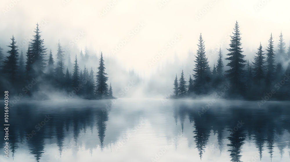 An abstract depiction of a misty lake with soft, diffused white hues, featuring trees subtly emerging in the distant background. The tranquil, dreamlike atmosphere created by the fog and the minimalis An abstract depiction of a misty lake with soft, diffused white hues, featuring trees subtly emerging in the distant background. The tranquil, dreamlike atmosphere created by the fog and the minimalis