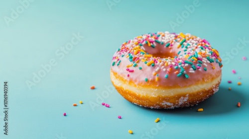 Colorful Donut with Sprinkles on a Blue Background