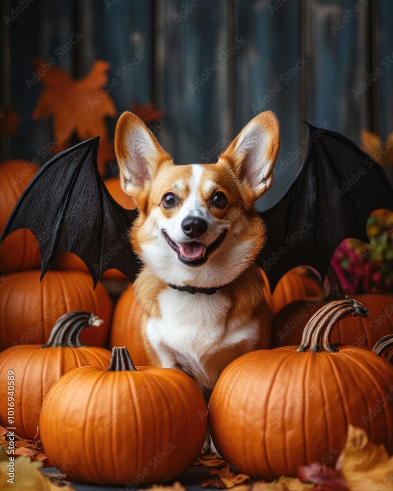 Corgi dog with bat wings among pumpkins at home Corgi dog with bat wings among pumpkins at home