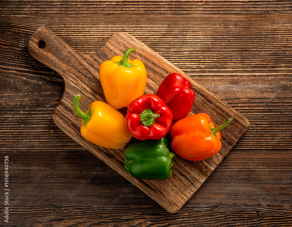 Sweet pepper on a wooden cutting board, isolated against a wooden background Sweet pepper on a wooden cutting board, isolated against a wooden background