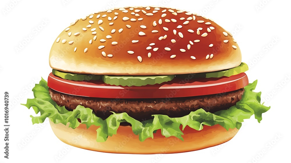 A gourmet burger with a sesame seed bun, lettuce, and tomato A gourmet burger with a sesame seed bun, lettuce, and tomato