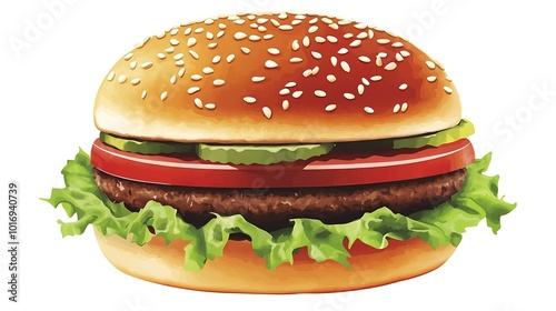 A gourmet burger with a sesame seed bun, lettuce, and tomato 