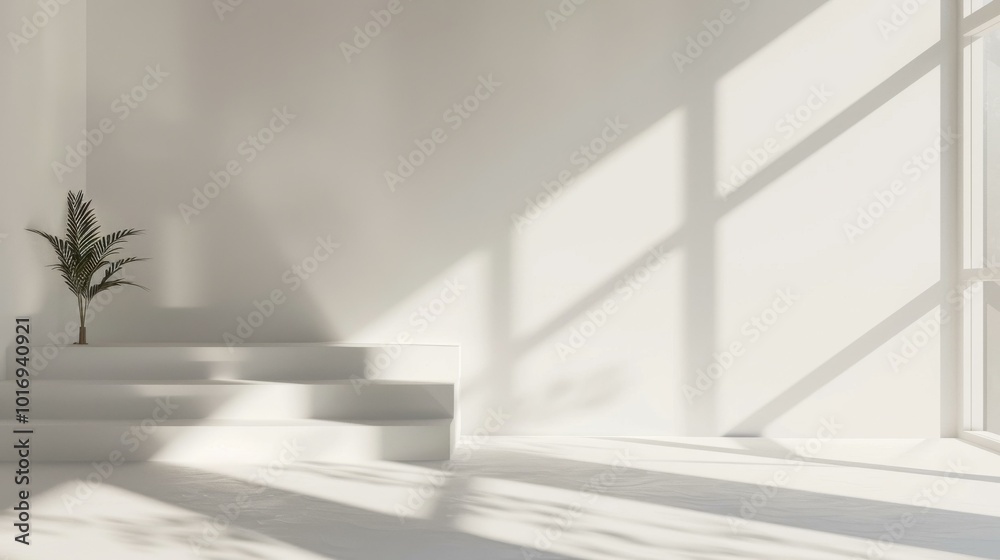Obraz premium Minimalist Sunlit Room with Plant and Steps in White