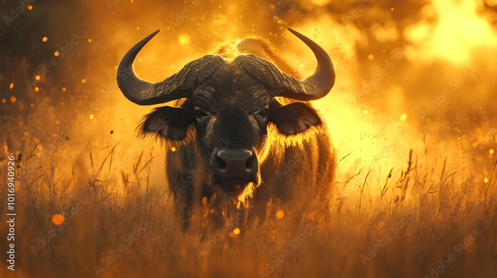 Naklejka premium African Buffalo in Golden Grass Realistic Photo