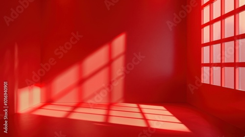 Sunlit Red Room with Window Casting Geometric Shadows photo