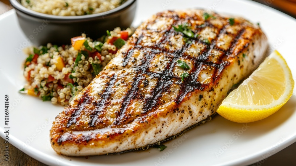Grilled Fish with Quinoa Salad and Lemon Slice Grilled Fish with Quinoa Salad and Lemon Slice