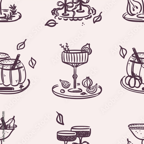 Seamless pattern of autumn cocktails with pumpkins, figs, pears and leaves on a beige background. Hand-drawn black line art. Cozy fall season. Vector design for textile, wallpaper, wrapping paper.