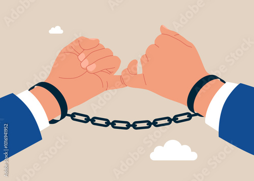 Two businessman doing pinky promise and connected with chain. Flat vector illustration