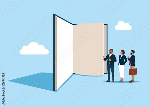 Vision of a business people standing in front of a huge book with blank pages. Flat vector illustration