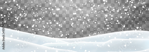 Snow flakes, snow and blizzard falling on snowdrifts. Snow landscape decoration, frozen hills isolated on png background. Vector heavy snowfall with snowbanks field. Christmas vector illustration