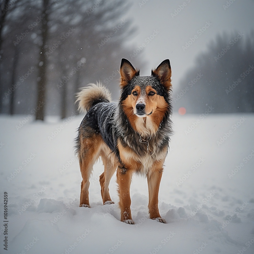 Collie dog standing proudly in the snow during a winter snowfall
Collie dog standing proudly in the snow during a winter snowfall
