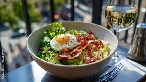 A bowl of salade Lyonnaise, with crisp bacon, poached egg, and frisee, set on a terrace overlooking the streets of Lyon photo