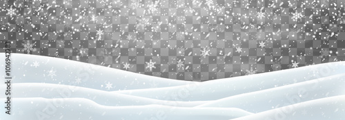 Snow flakes, snow and blizzard falling on snowdrifts. Snow landscape decoration, frozen hills isolated on png background. Vector heavy snowfall with snowbanks field. Christmas vector illustration
