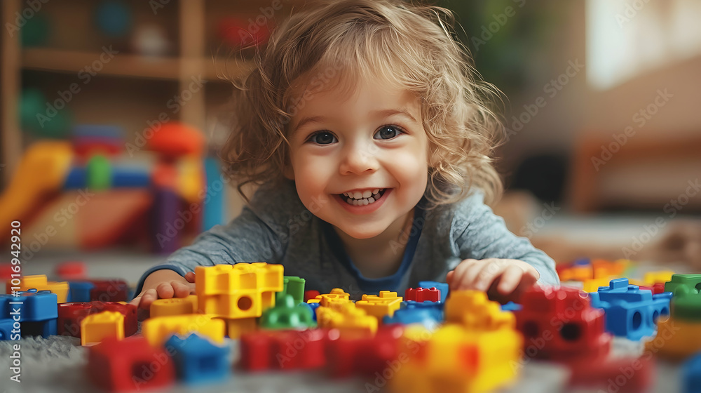 Happy child playing with colorful toys in a cozy home Happy child playing with colorful toys in a cozy home