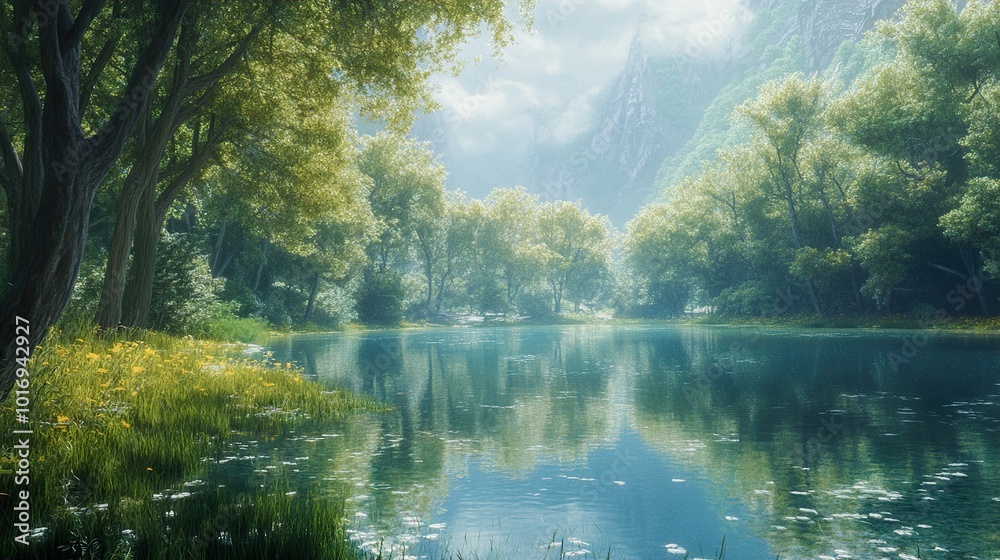 Serene Lake in a Lush Forest with Mountain Views Serene Lake in a Lush Forest with Mountain Views