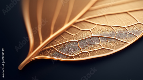 Detailed close-up of copper leaf on black background, textured leaf veins, elegant natural pattern, minimalist organic design, perfect for nature-inspired artwork photo