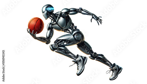 The image shows a robot running towards a basketball hoop, holding the ball in a fast, powerful motion, ready to shoot.