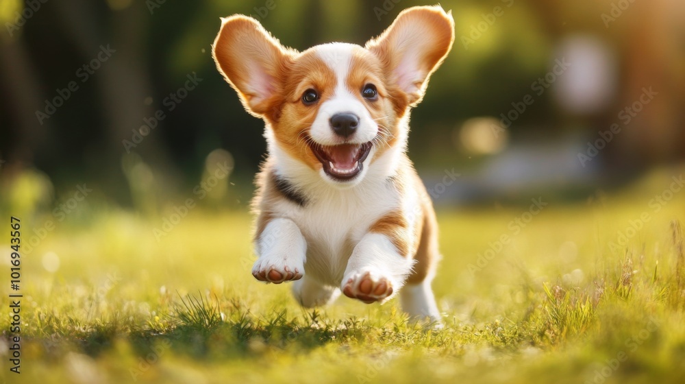 Happy Corgi Puppy Running in a Sunny Field Happy Corgi Puppy Running in a Sunny Field