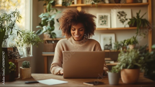 A woman works contentedly on her laptop, surrounded by lush houseplants in a cozy home setting, embodying focus, creativity, and a love for greenery.