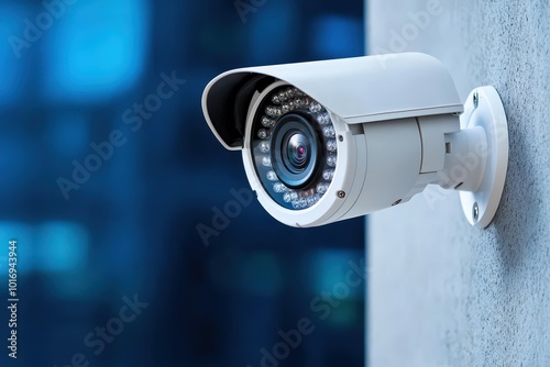 Surveillance camera mounted on a wall, capturing video footage for security. Ideal for showcasing safety measures and surveillance technology.