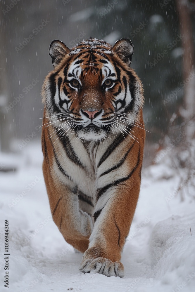 Fototapeta premium Siberian tiger walking in snow covered forest