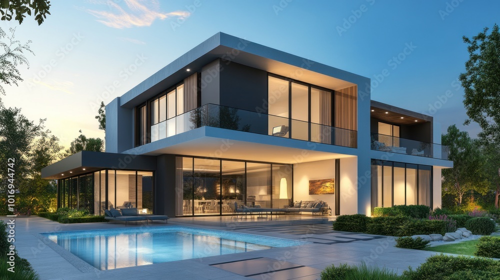 Modern house with a pool, surrounded by greenery at dusk. Modern house with a pool, surrounded by greenery at dusk.