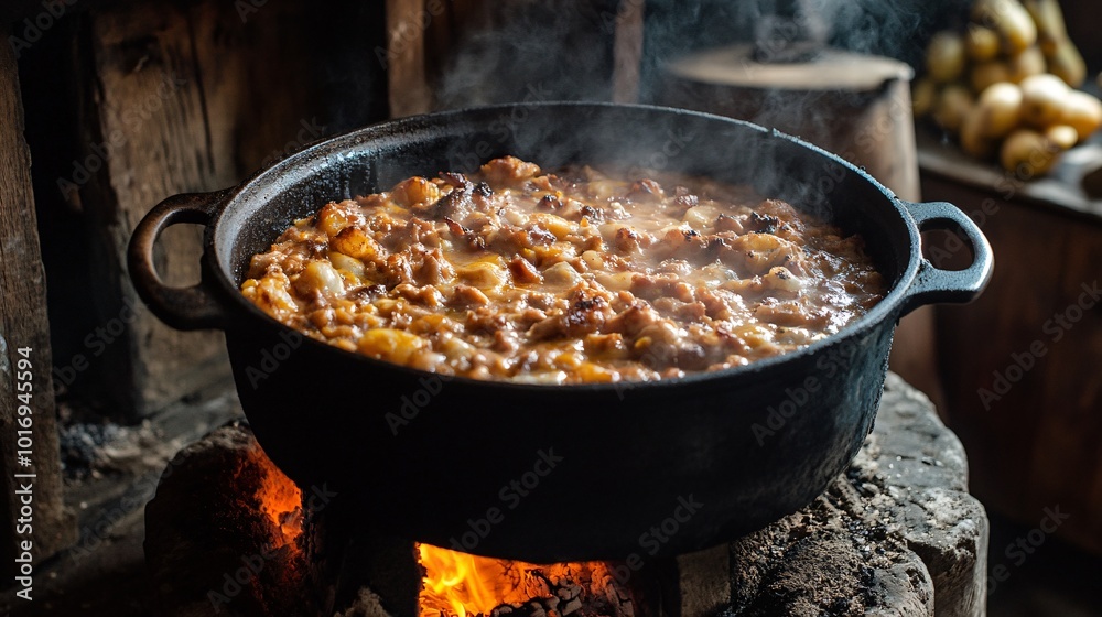 A rustic pot of cassoulet bubbling over the fire, with a vineyard cottage visible through a wooden door A rustic pot of cassoulet bubbling over the fire, with a vineyard cottage visible through a wooden door